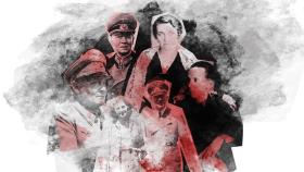 En el centro, Eva Braun y Hitler. Rodeándolos, Herman Göring, Rommel, Magda y Joseph Goebbels. Ilustración: Rubén Vique