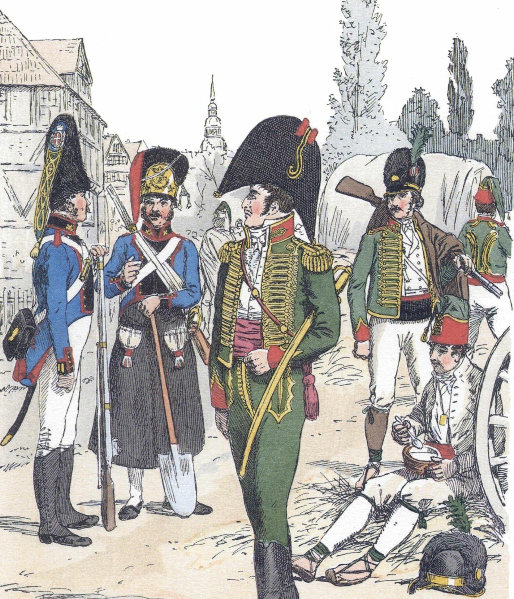 Ilustración de 1890 que muestra los uniformes de la División del Norte española en Dinamarca.