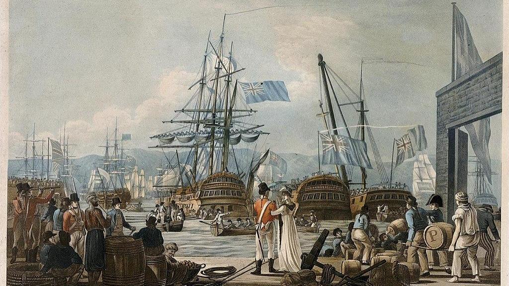 Ilustración de 1802 que muestra a sir James  Saumarez junto a su flota en Gibraltar.