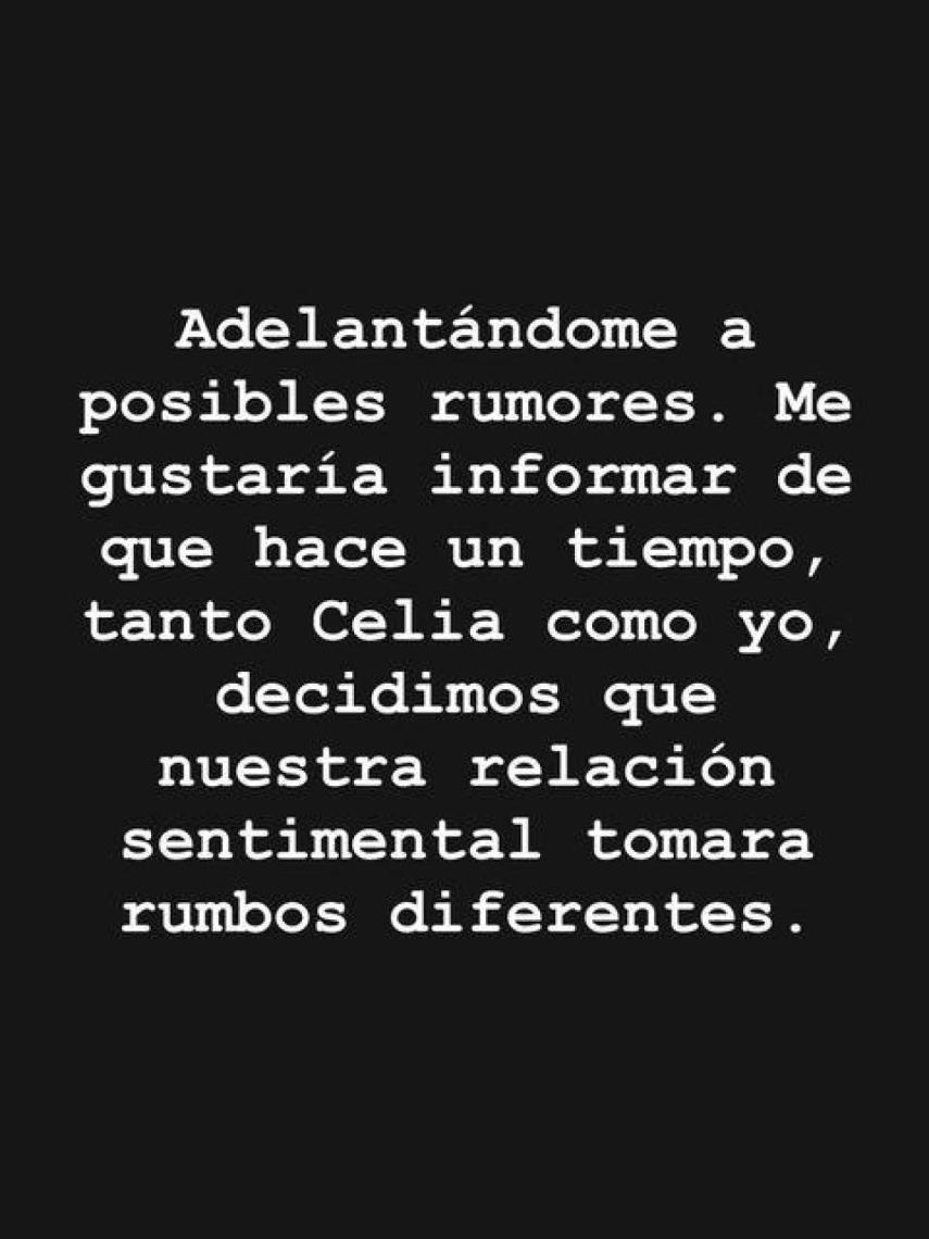 'Story' de Instagram en el que Herrán anuncia su ruptura con Celia Pedraza.