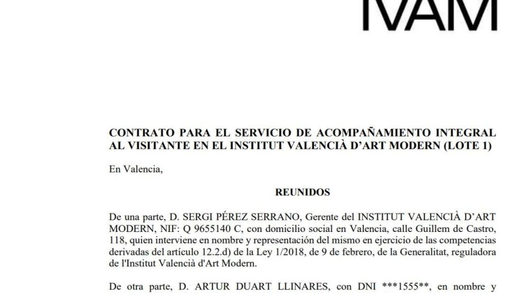 Primera página del contrato firmado por el IVAM con esta empresa.