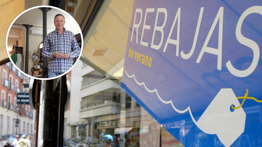 Imagen de una tienda con el cartel de las rebajas de verano (foto: Leticia Pérez / Ical) y, en el círculo, Adolfo Saiz, presidente de Conferco