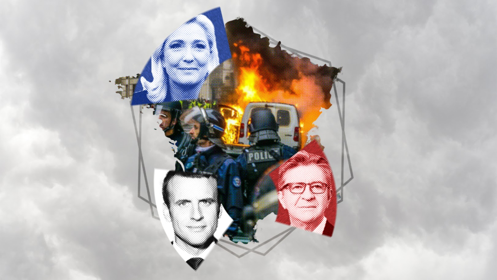 Marine Le Pen (arriba a la izquierda), Emmanuel Macron (abajo a la izquierda) y Jean-Luc Mélenchon (derecha), candidatos a presidir la República francesa. Diseño: Rubén Vique
