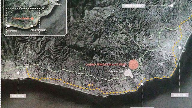 Mapa con la localización de los terrenos sobre los que se plantea la ciudad de mayores de Mijas.