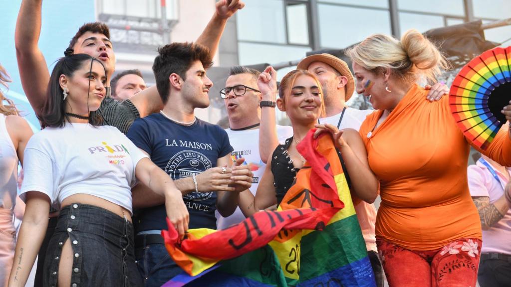 Los concursantes de OT 2023 durante el pregón del Orgullo de Madrid 2024 en la Plaza de Pedro Zerolo en Madrid.