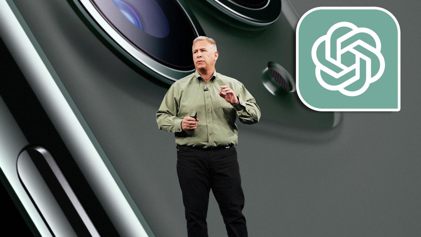 Fotomontaje de  Phil Schiller, de Apple, y el logo de ChatGPT.