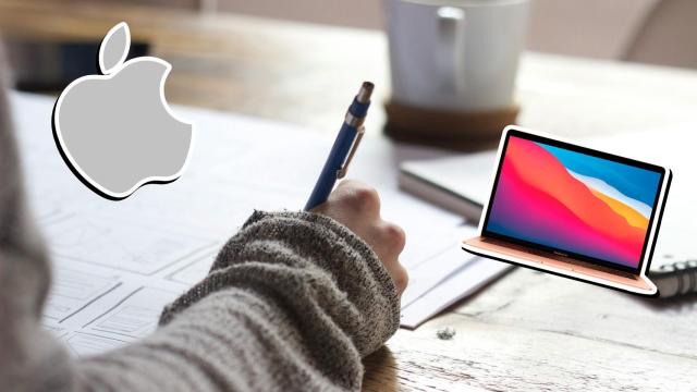 Fotomontaje con un estudiante y los logos de Apple y un MacBook.