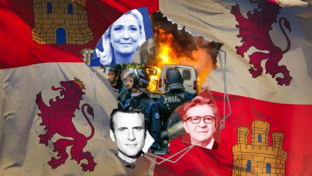 La bandera de Castilla y León y una imagen de Marine Le Pen, Emmanuel Macron y Jean-Luc Mélenchon, en un montaje de EL ESPAÑOL