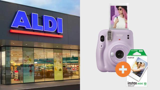 Fotomontaje de un supermercado Aldi y la Fujifilm Instax mini 11.