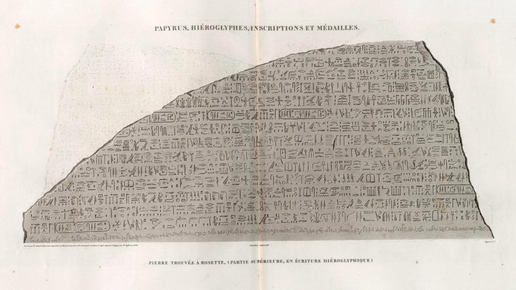 Lámina con la forma y la inscripción de la piedra de Rosetta