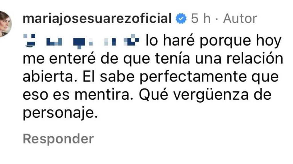 Respuesta de María José Suárez en su perfil de Instagram.