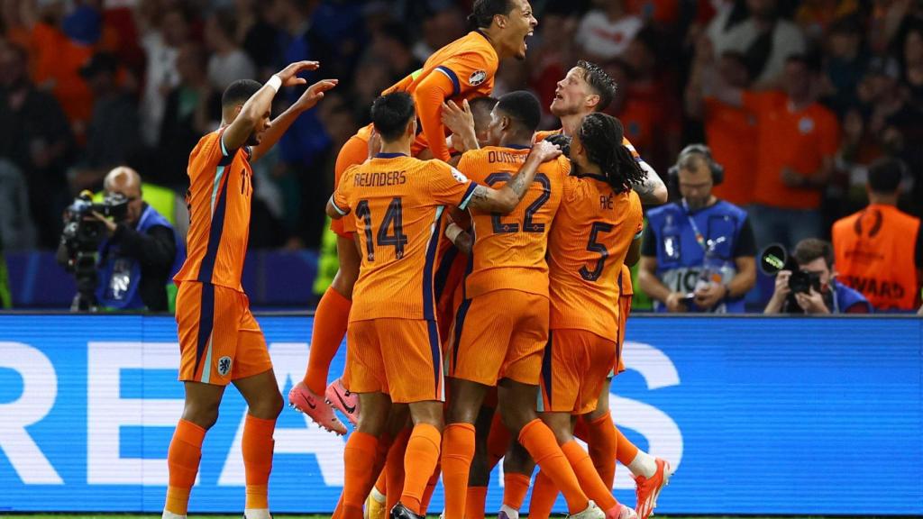 Los jugadores holandeses celebran el gol de De Vrij.