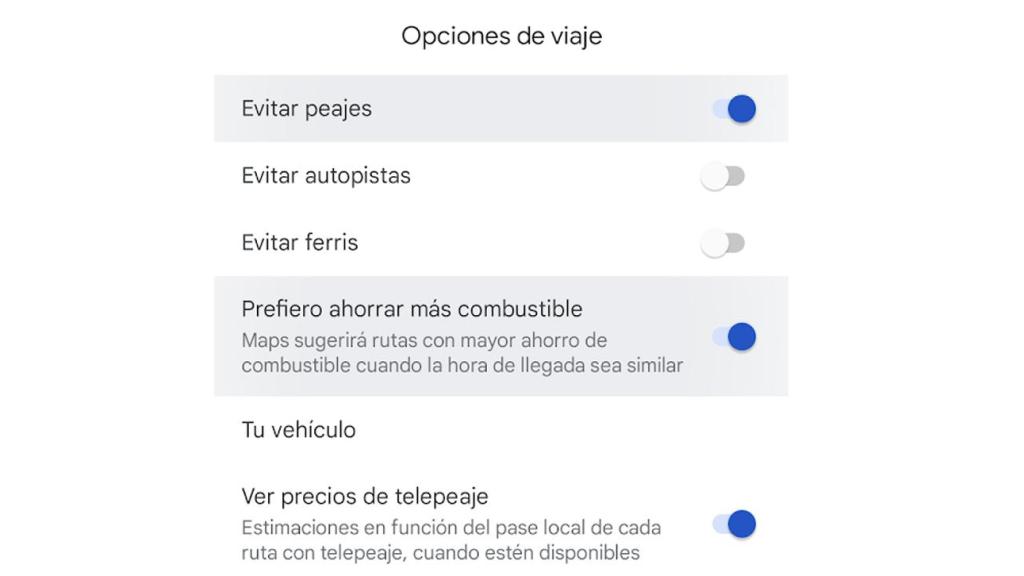 Peajes y ahorro de combustible en Google Maps