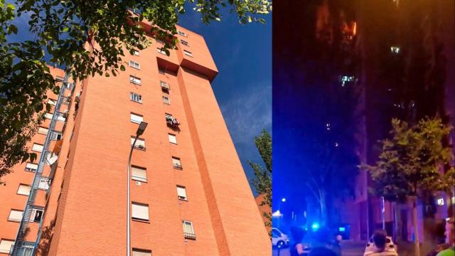 El edificio de la calle Cullera del distrito de Latina en Madrid la mañana tras la noche del incendio (a la izquierda) y durante el suceso a las dos de la madrugada (a la derecha).