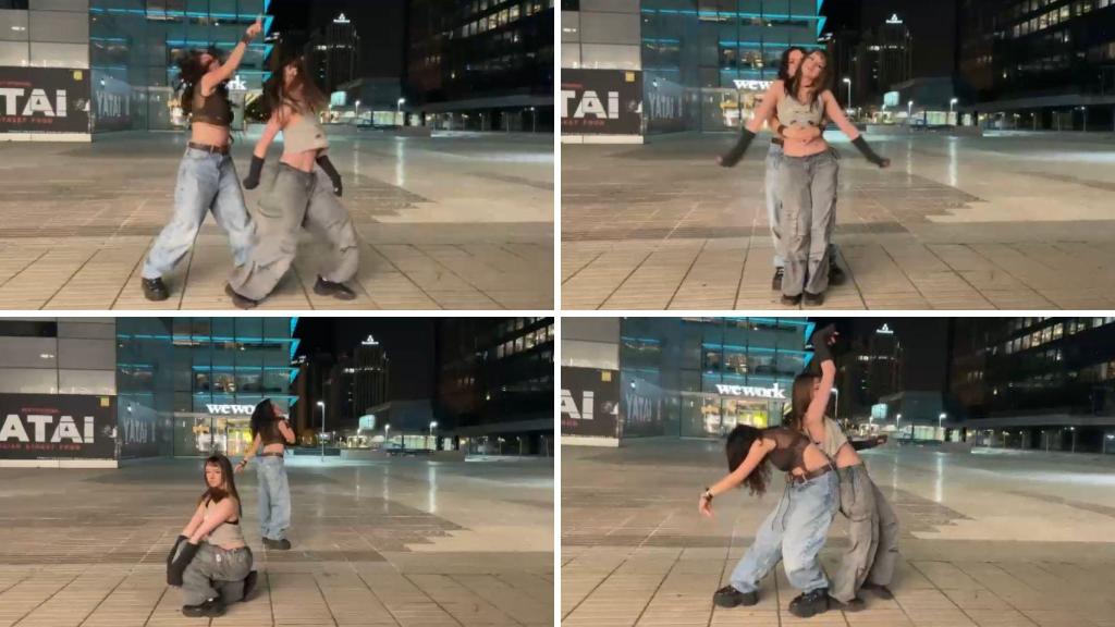 Celia y Lena bailando en Nuevos Ministerios la canción Break my heart myself de Bebe Rexha con la coreografía de Itzy.