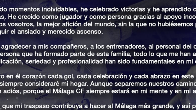 Extracto de la carta de despida del Málaga CF de Roberto Fernández