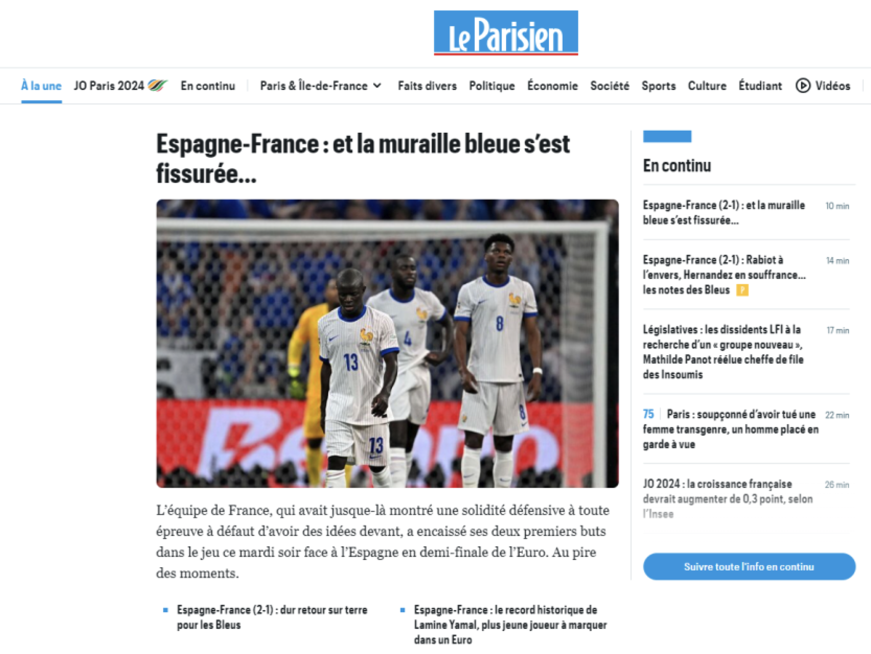 La página web de Le Parisien tras la victoria de España contra Francia