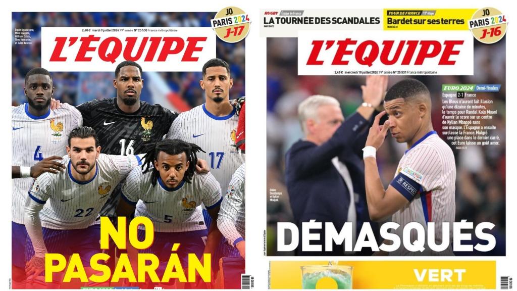 Las portadas de L'Équipe antes y después de la victoria de España contra Francia