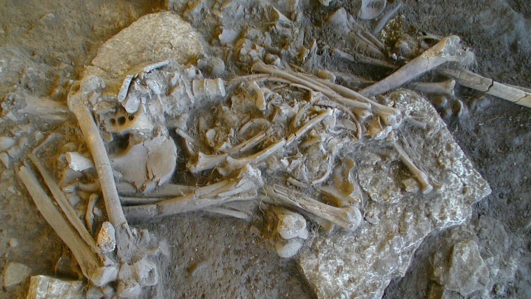 Esqueleto de una mujer de 30-40 años hallada en la tumba de corredor de Frälsegården, en Suecia.