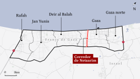 La Franja de Gaza, dividida de este a oeste por el corredor de Netzarim.