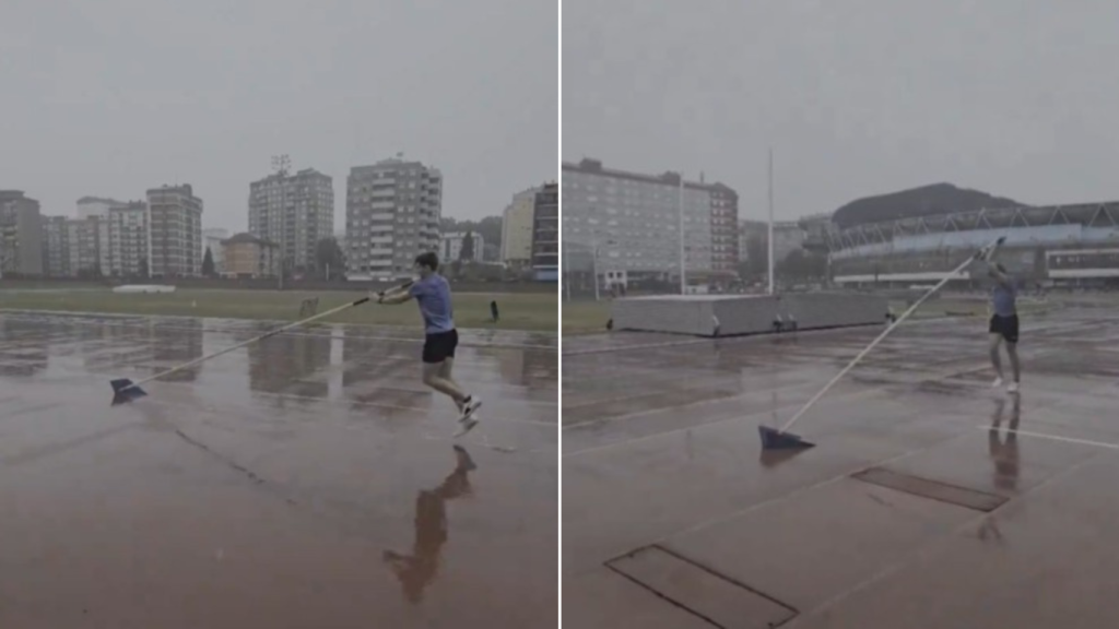 Entrenamiento bajo la lluvia en las pistas de atletismo de Balaídos.