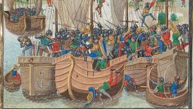 Miniatura de la batalla naval de La Rochella de 1372 en las crónicas de Jean Froissart. Siglo XIV.
