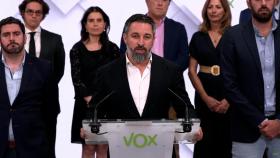 El líder de Vox, Santiago Abascal, este jueves durante su comparecencia en la sede del partido.