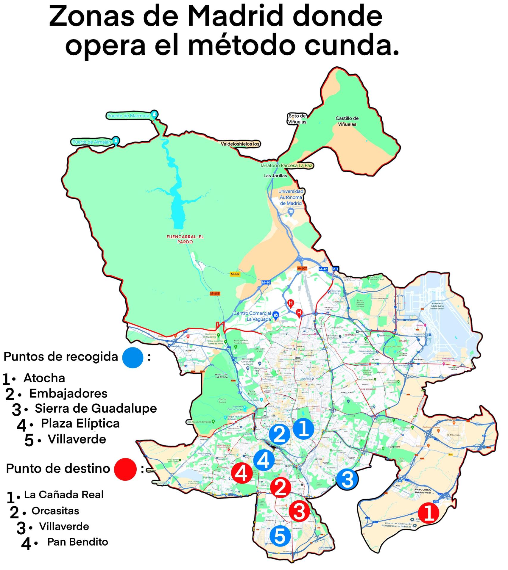 Mapa de zonas de Madrid donde opera el 'método cunda'.