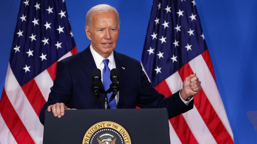 Joe Biden en la rueda de prensa tras la cumbre de la OTAN, este jueves.