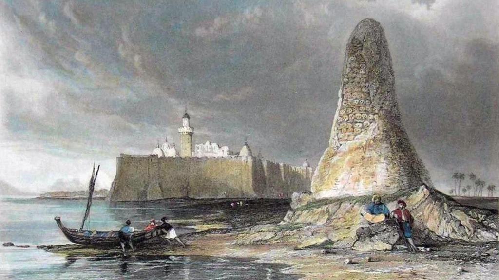 Burj al Rus levantado con calaveras españolas según un grabado del siglo XIX.