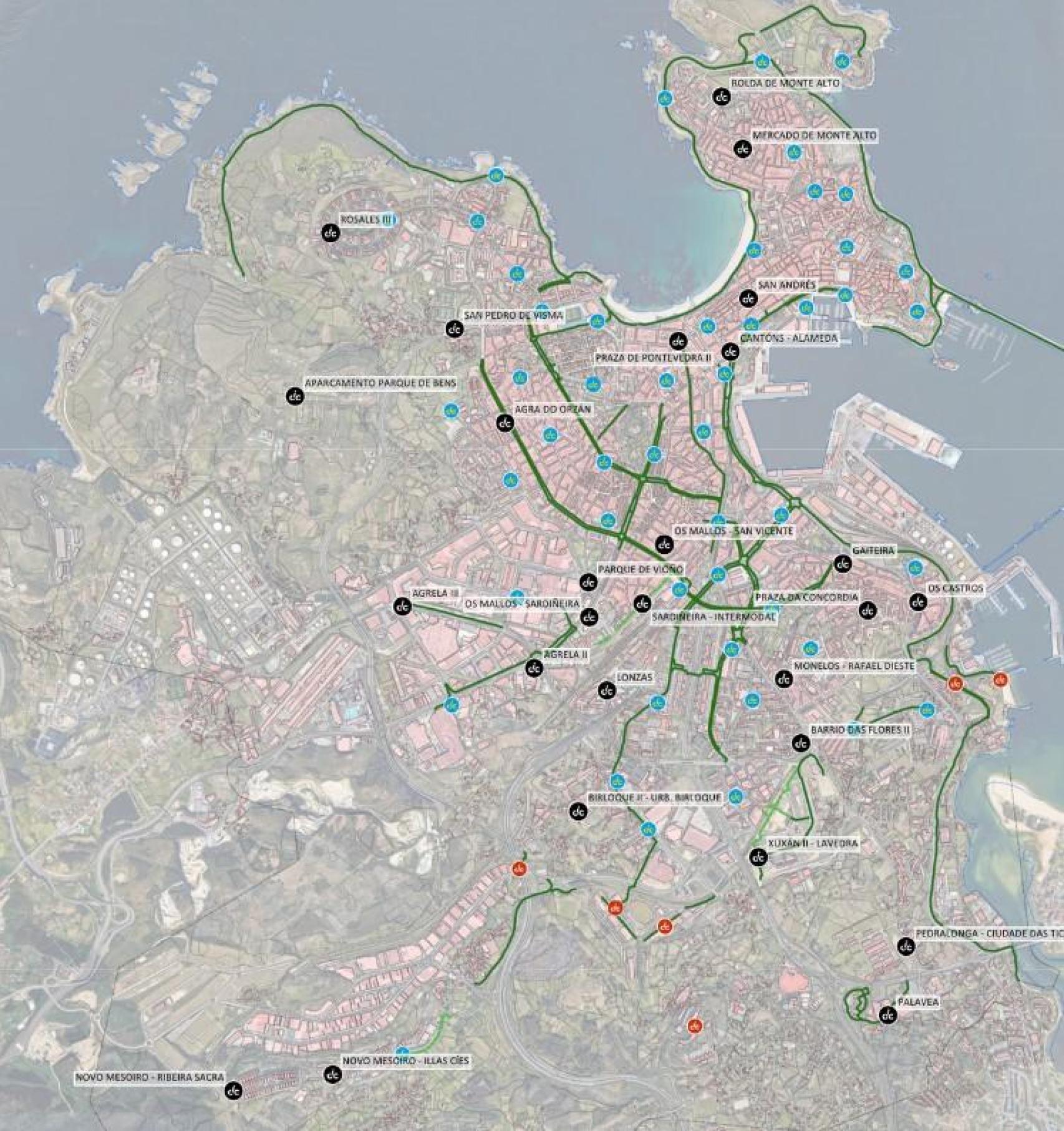 Mapa con las nuevas estaciones (marcadas en negro)