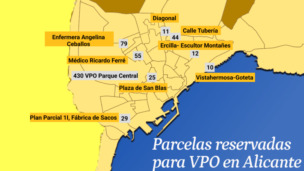 Mapa de las zonas de expansión de la vivienda protegida en Alicante.