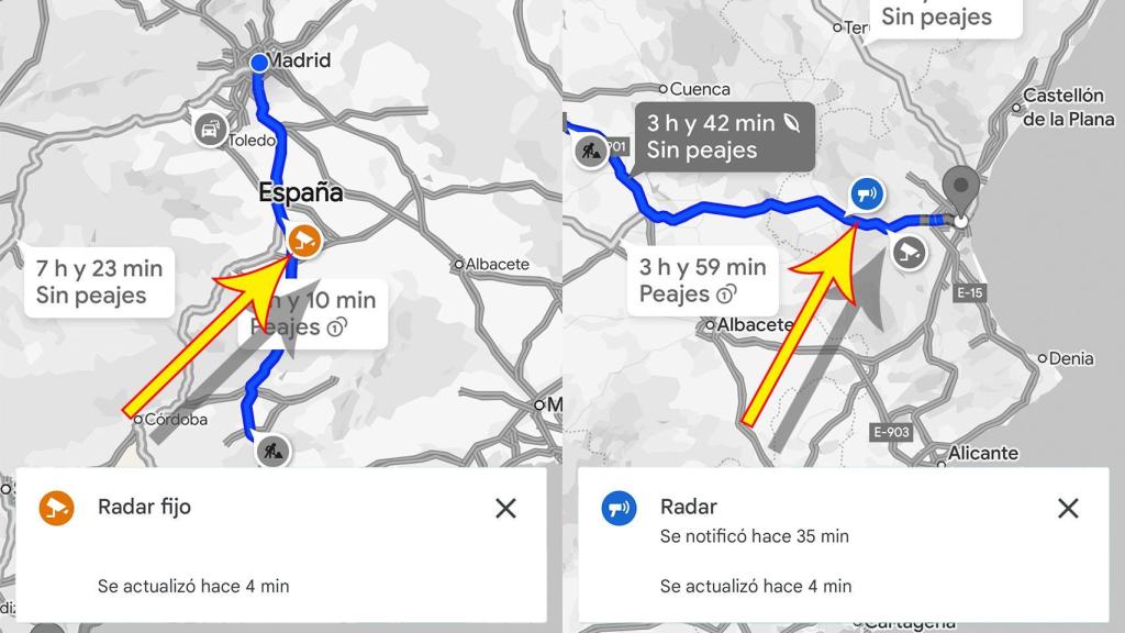 Diferencia en tipo de radares en Google Maps