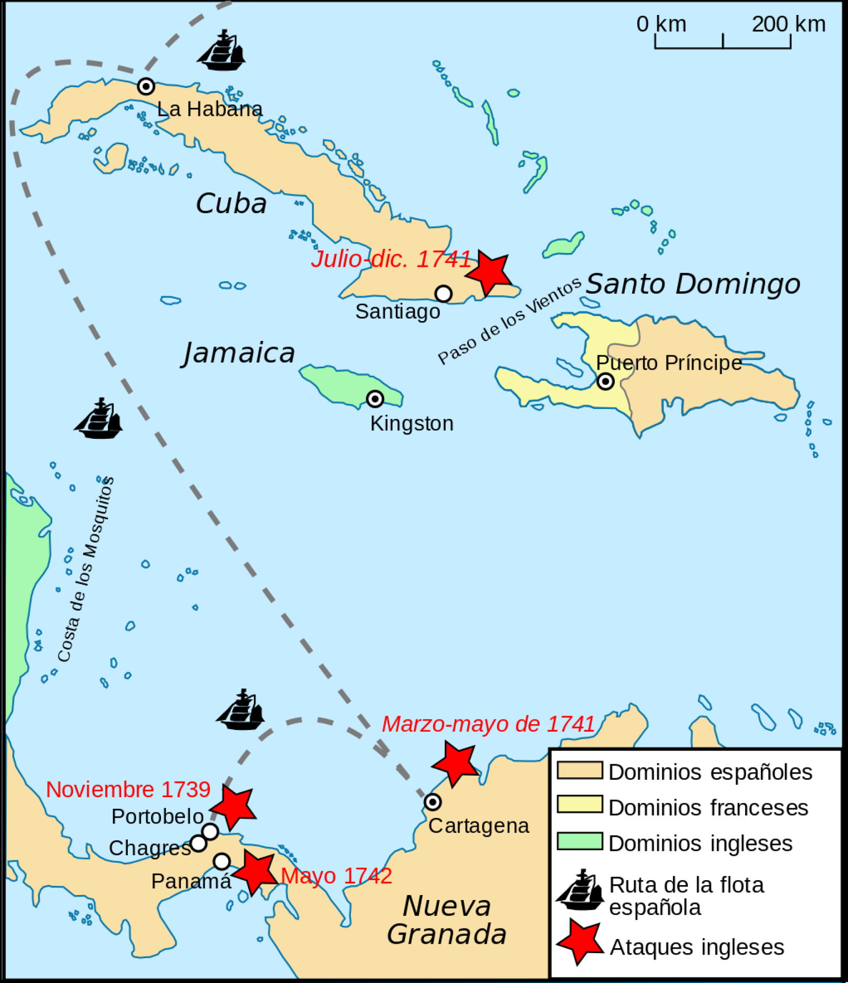 Mapa de la Guerra del Asiento en el Caribe
