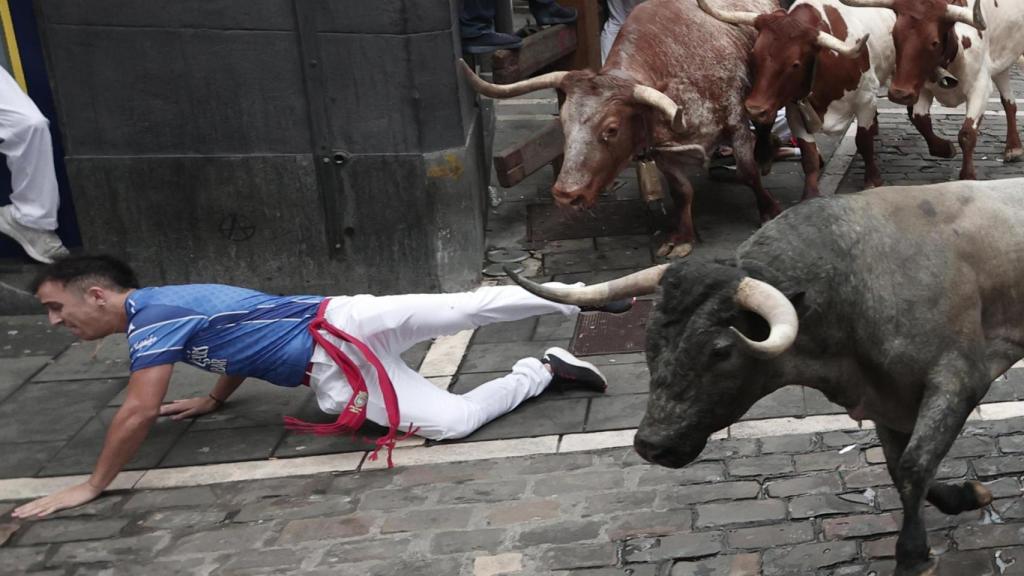 Un corredor cae delante de los toros.