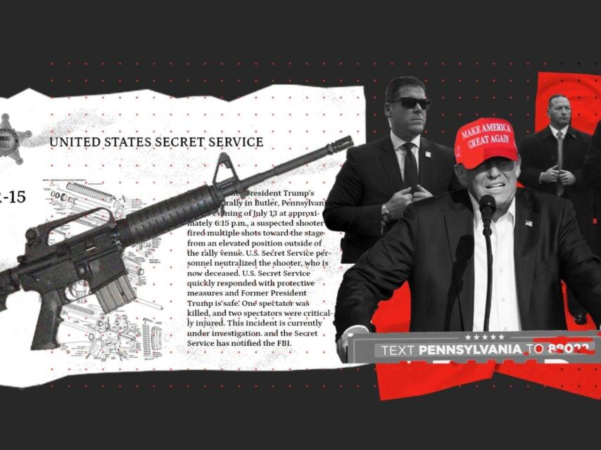 Montaje con Donald Trump en el día de su primer intento de asesinato junto a una imagen de un fusil AR-15.