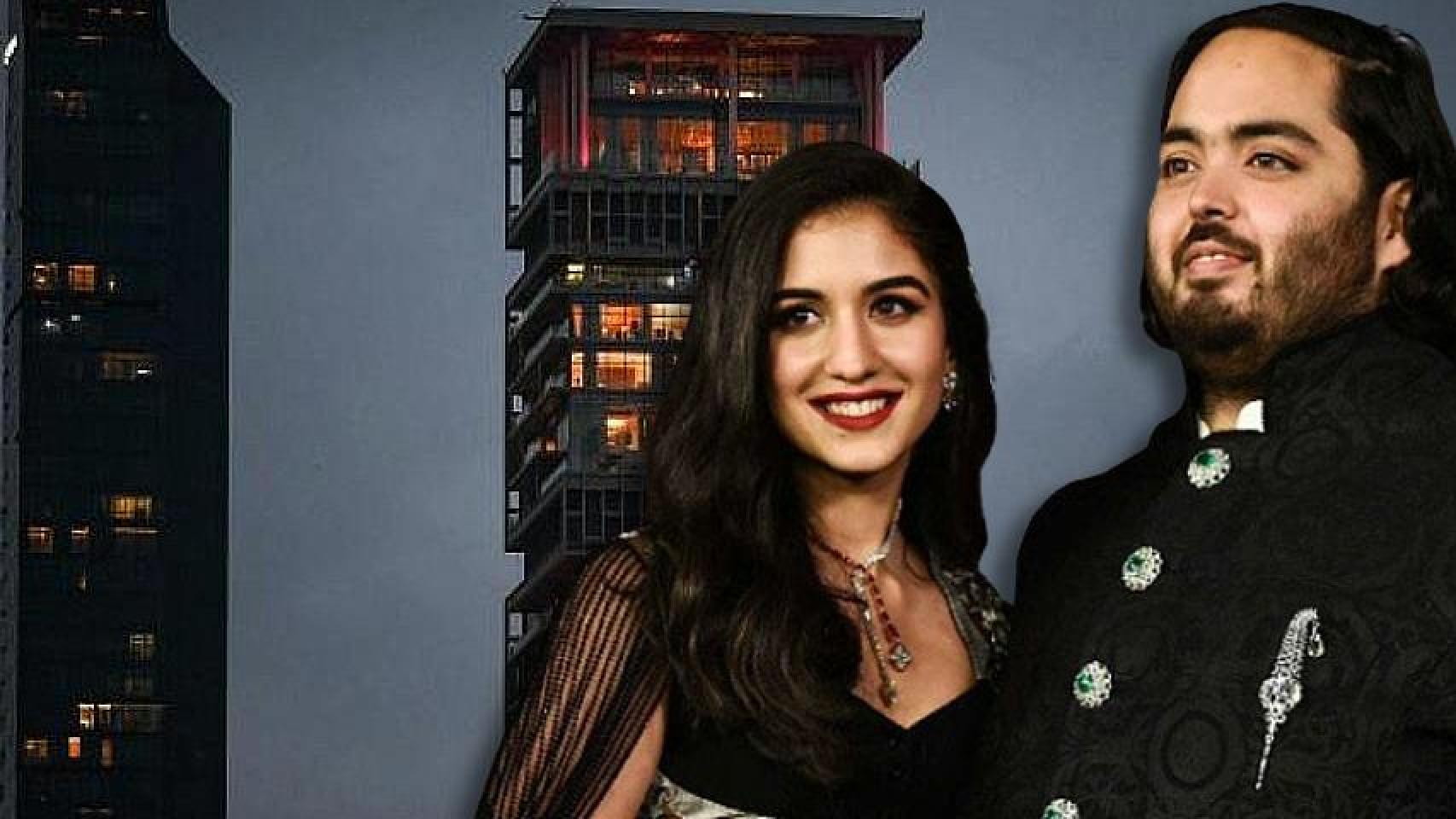 Anant Ambani y Rahika Merchant junto al millonario rascacielos donde se celebró su boda en un montaje de JALEOS.