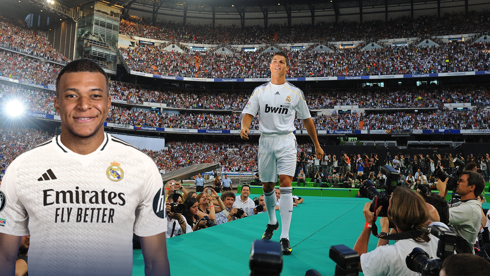 Montaje con Mbappé y la presentación de Cristiano Ronaldo con el Real Madrid.