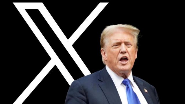 Fotomontaje del logo de X y Donald Trump.