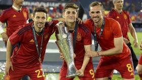 Jesus Navas, Gavi, Fabian Ruiz of Spain celebrando la UEFA Nations League 2023.