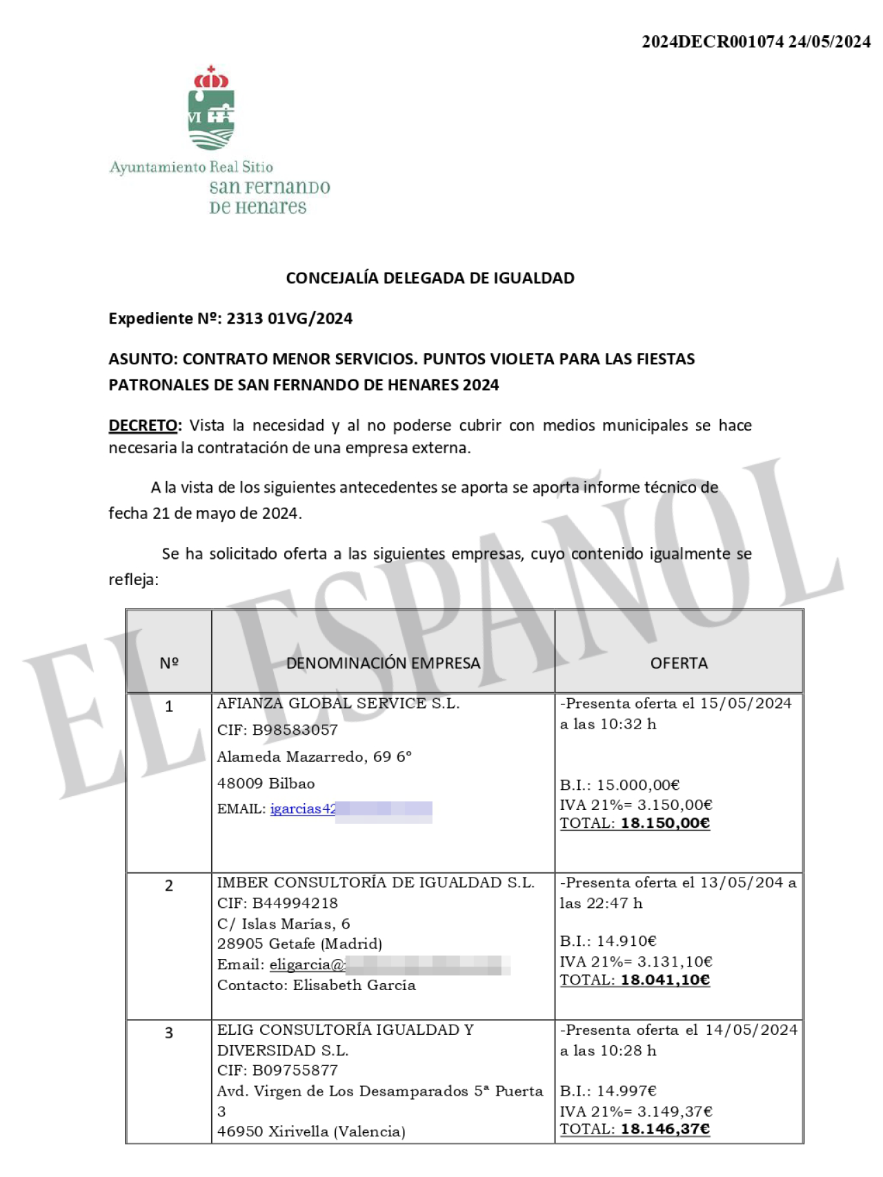 Contrato adjudicado a la directora del Instituto de la Mujer por el Ayuntamiento de San Fernando de Henares (Madrid)..