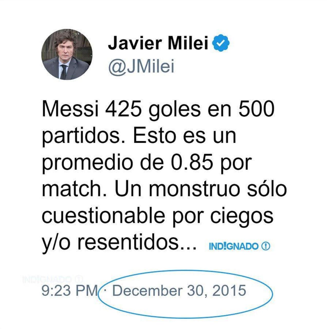 Tuit de Milei defendiendo a Messi en 2015.