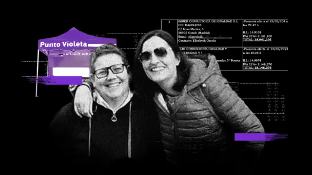 La directora del Instituto de la Mujer, Isabel García, y su pareja, Elisabeth García, con un Punto Violeta y uno de los contratos adjudicados por ayuntamientos del PSOE en un fotomontaje.