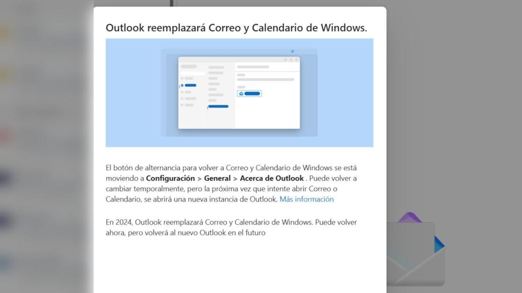 Ventana emergente en Outlook que avisa del fin de la app de Correo y Calendario