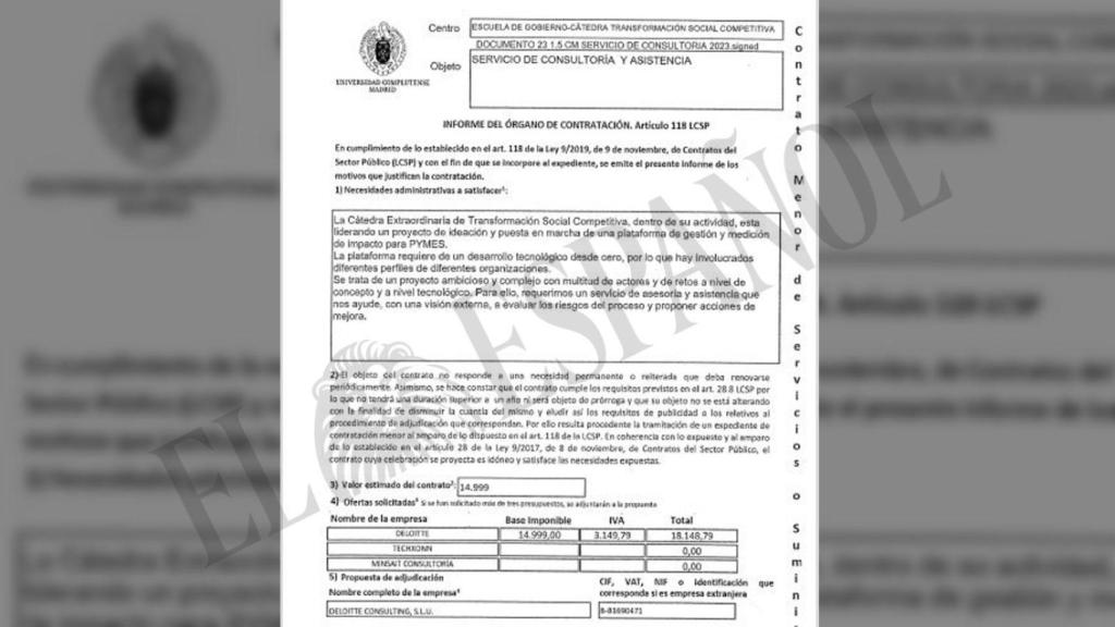 Informe sobre el contrato menor adjudicado a Deloitte Consulting por la Escuela de Gobierno de la UCM./