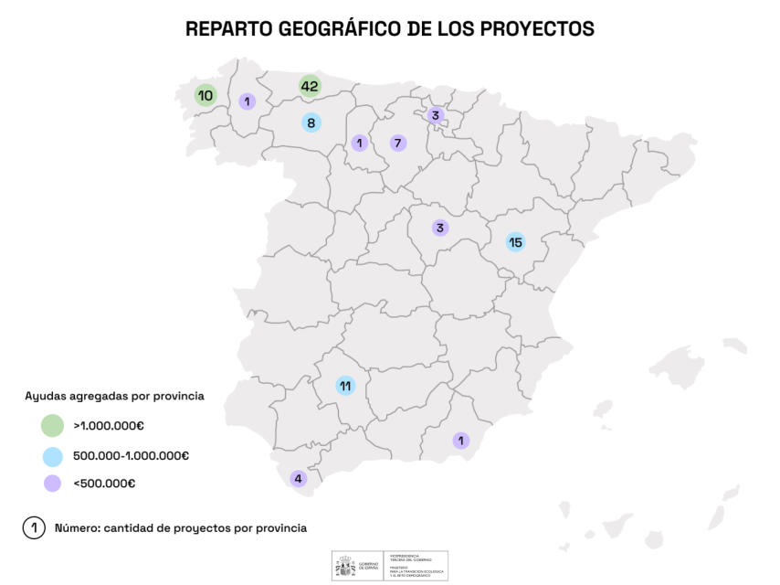 Mapa de España con la ubicación de los proyectos subvencionados.