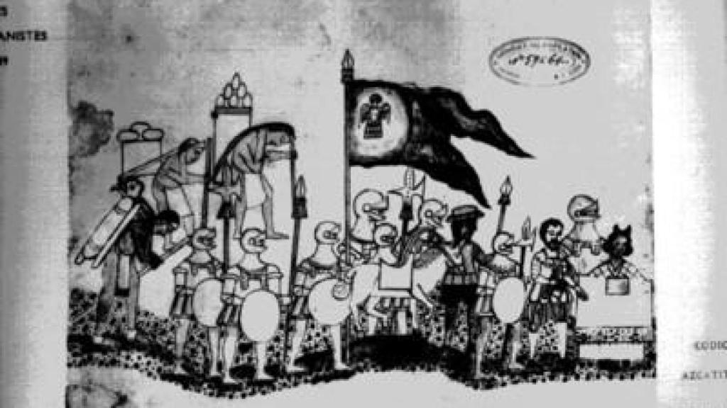 Dibujo de la época que representa al ejército español, con Malinche al frente.