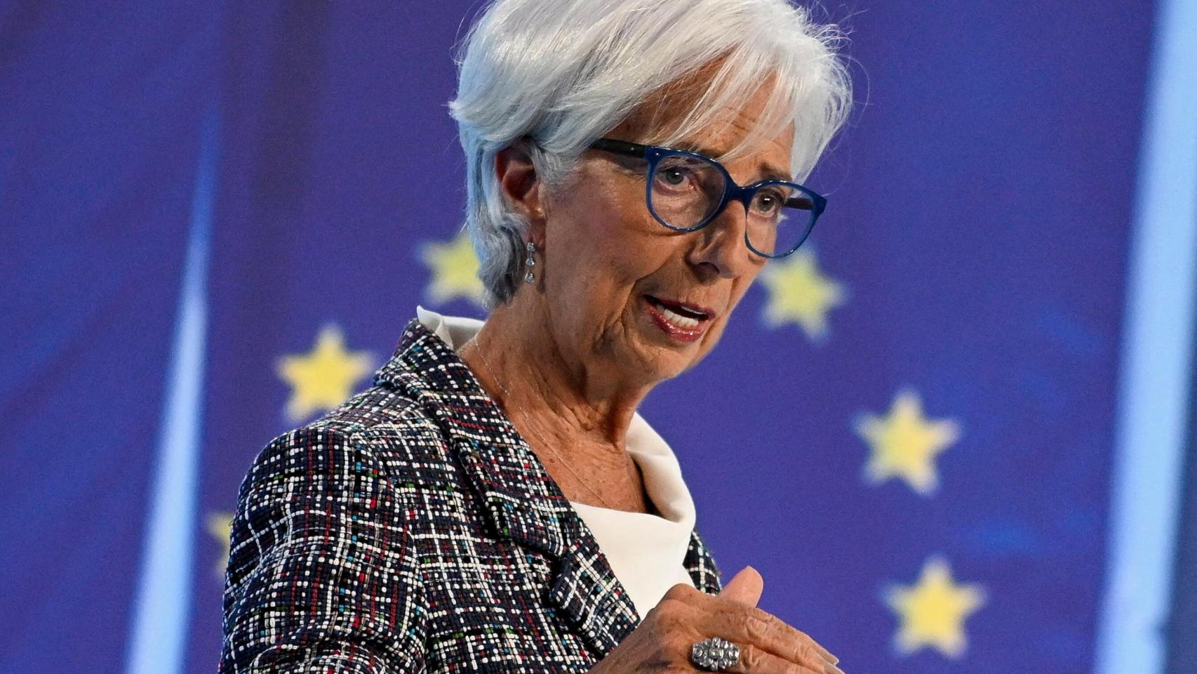 La presidenta del BCE, Christine Lagarde, durante la rueda de prensa de este jueves en Fráncfort
