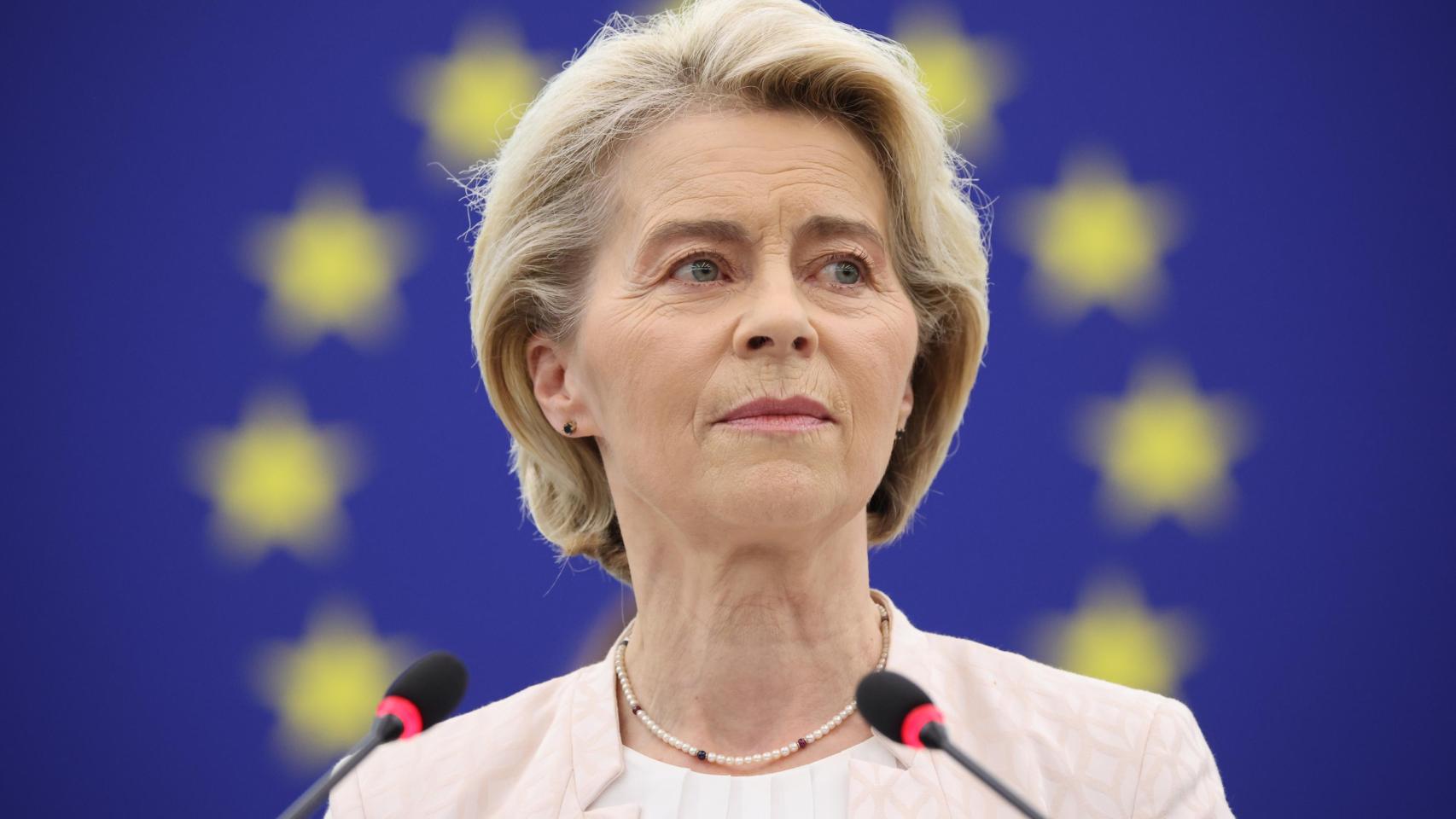 La presidenta Ursula von der Leyen, durante su discurso de investidura este jueves en la Eurocámara