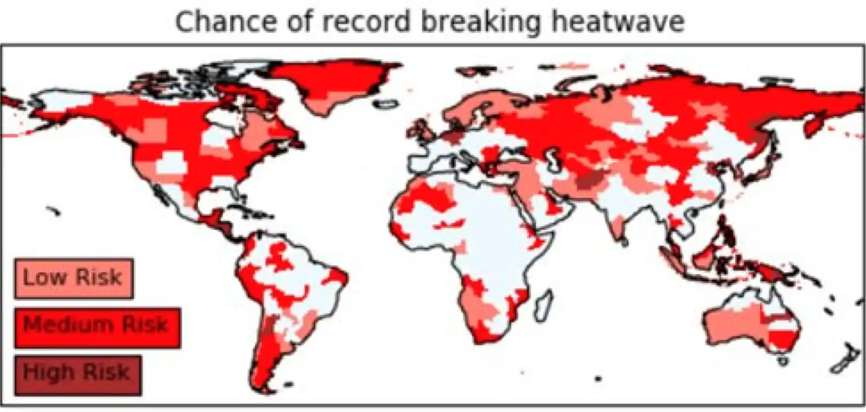Mapa que muestra dónde es más probable que se produzcan olas de calor sin precedentes.